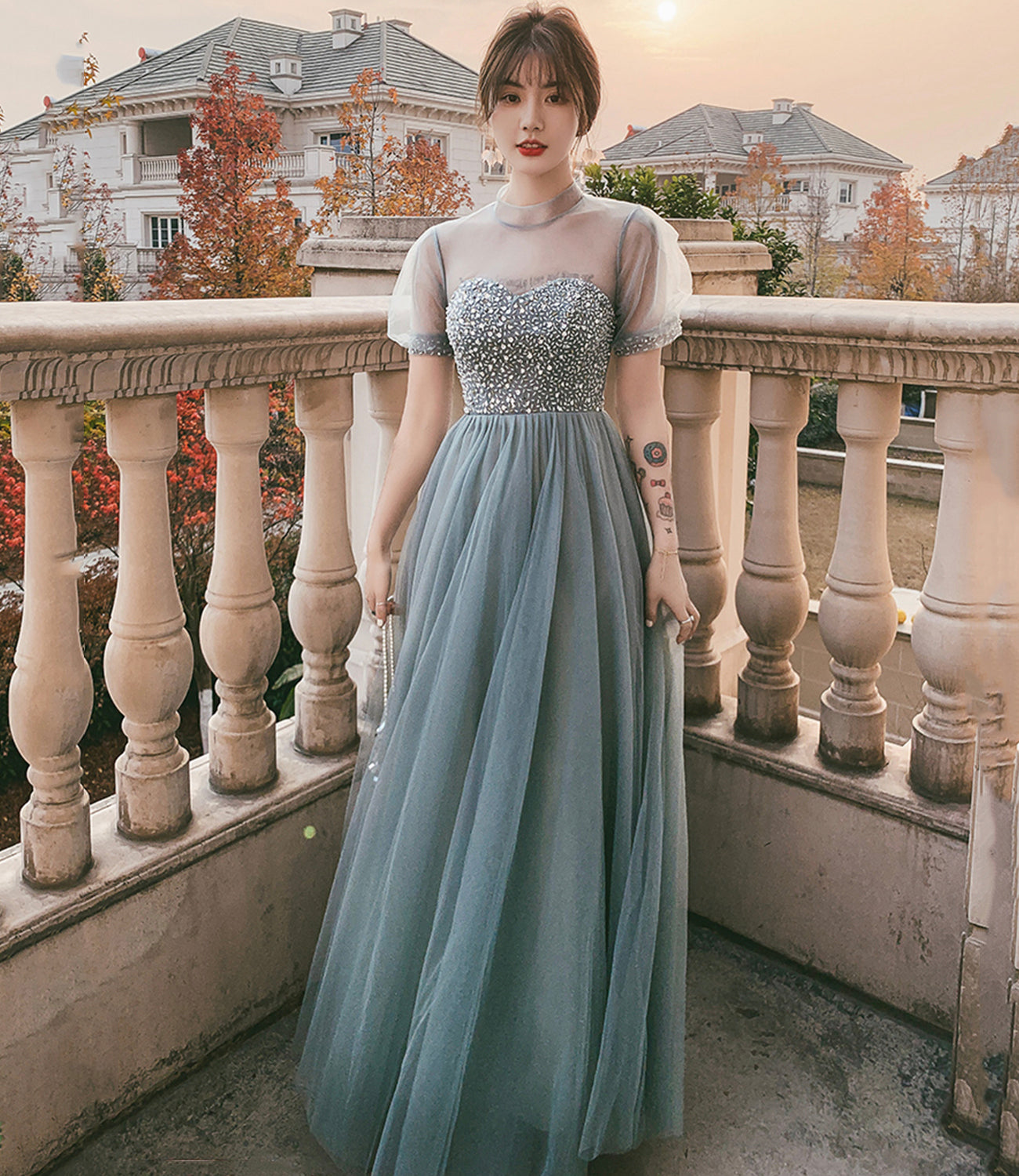 Blue tulle beads long A line prom dress evening dress  8789