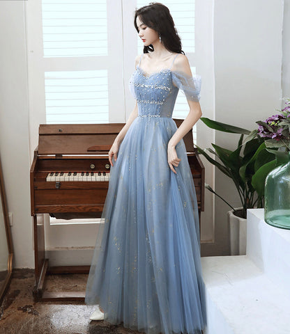 Blue tulle beads long A line prom dress evening dress  8713