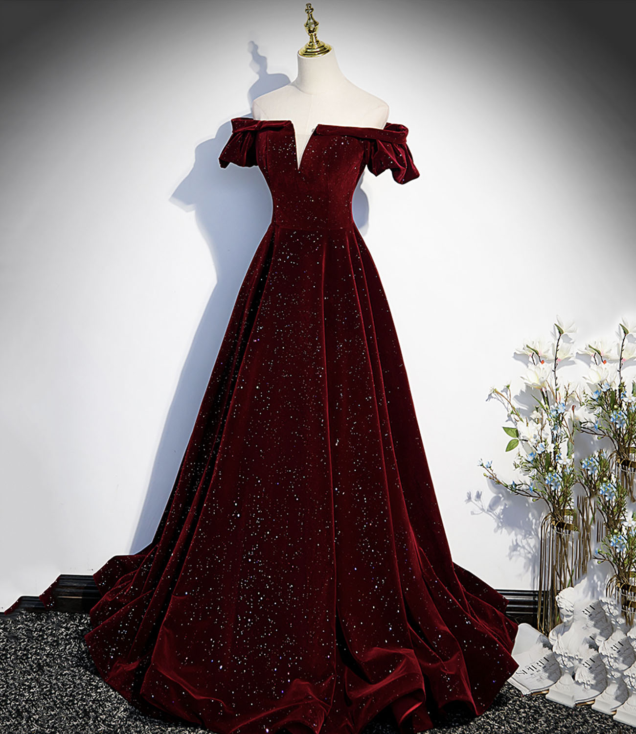 Burgundy velvet long prom dress A line evening gown  10274