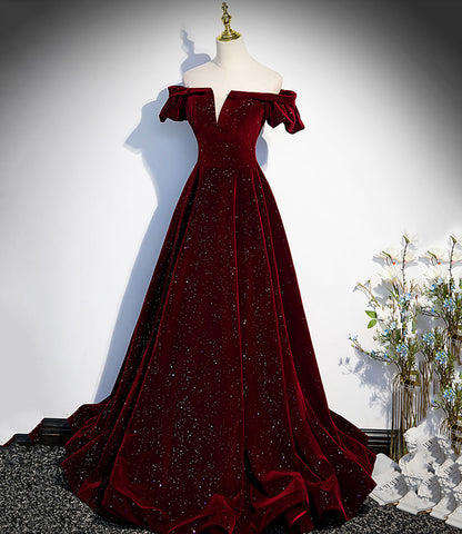 Burgundy velvet long prom dress A line evening gown  10274