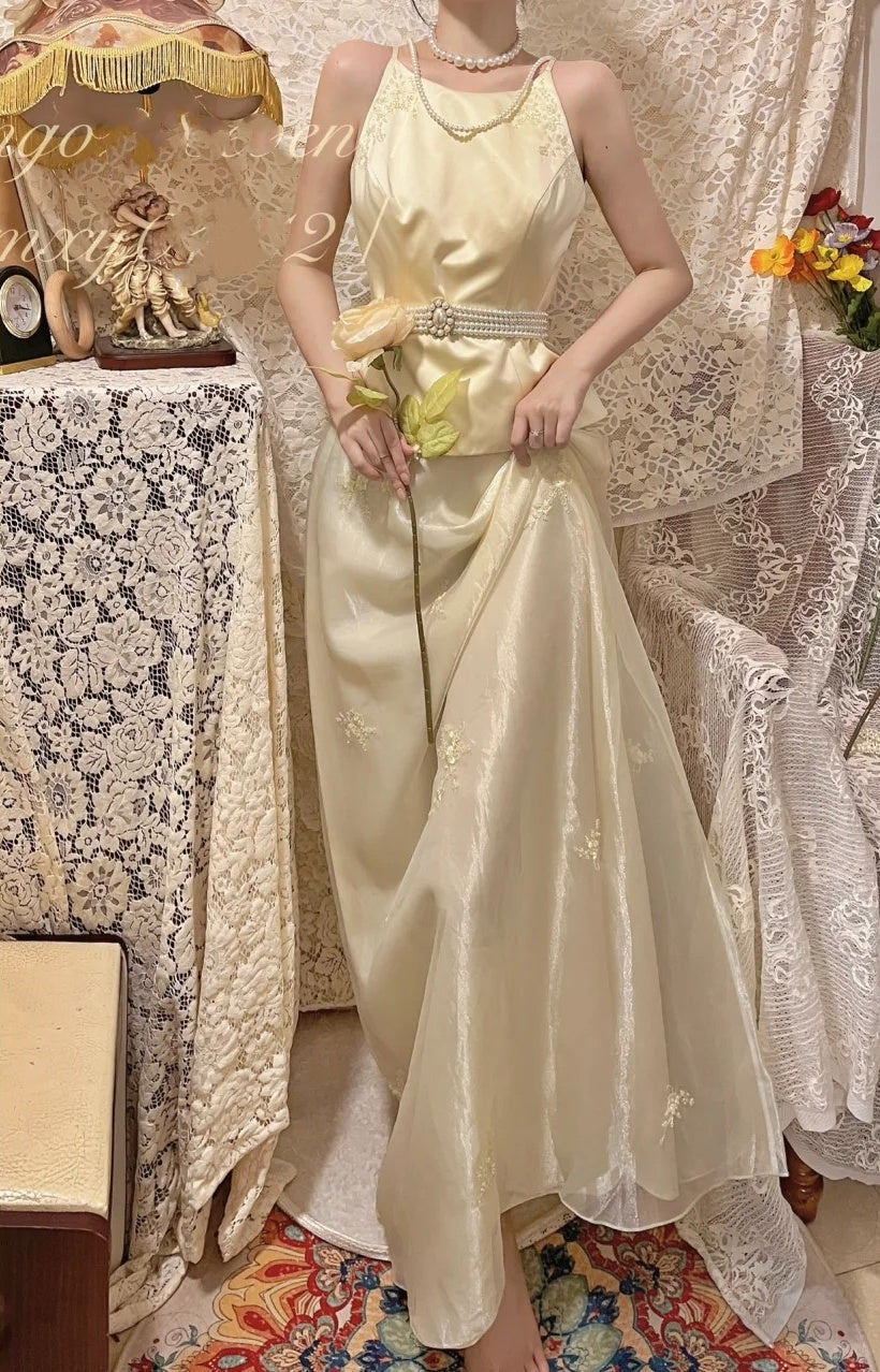 Yellow floral long chiffon chiffon party dress evening dress graduation dress two-piece set gh4506