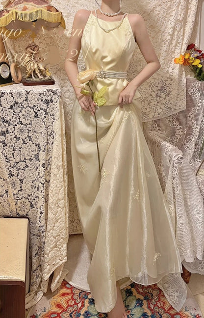 Yellow floral long chiffon chiffon party dress evening dress graduation dress two-piece set gh4506