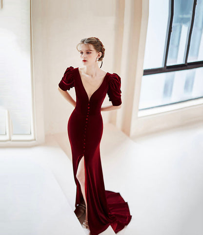 Burgundy velvet long prom dress mermaid evening dress  10414