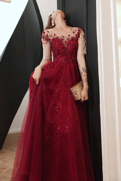 Burgundy tulle beads long A line prom dress evening dress  8756