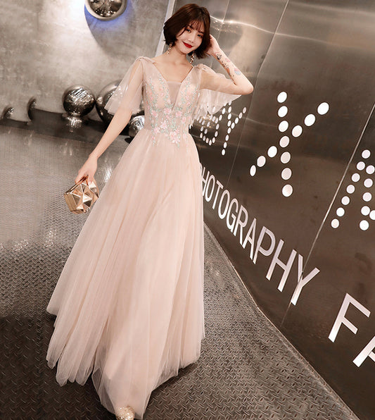 Stylish v neck tulle lace long prom dress formal dress  8535