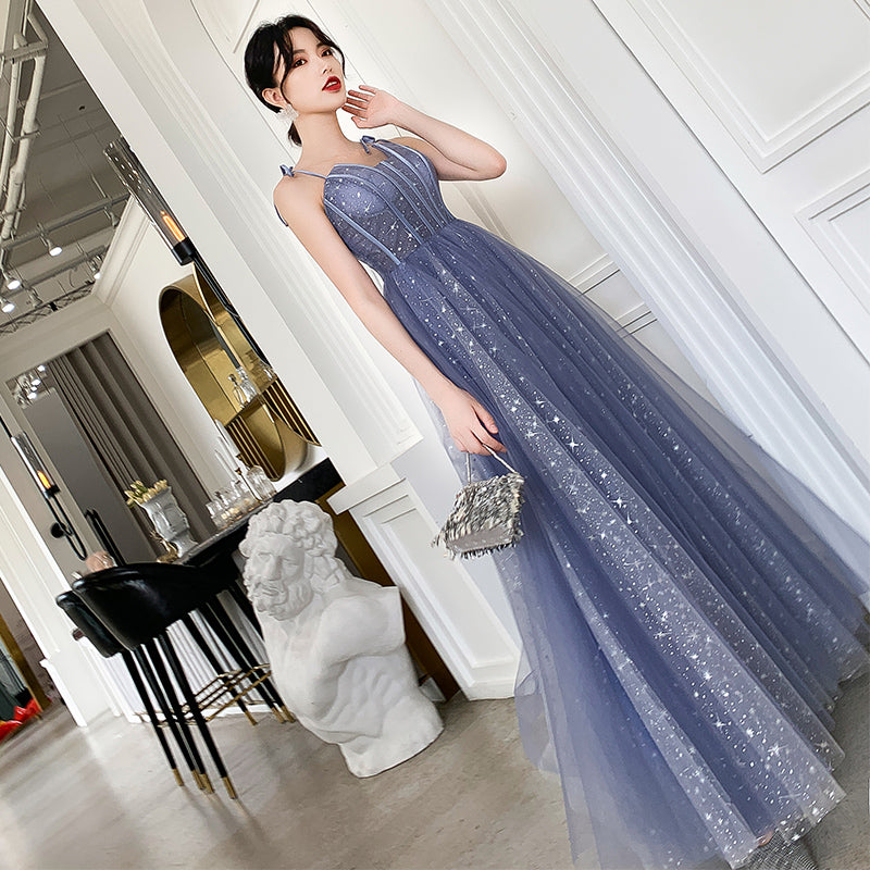 Blue tulle long prom dress, blue evening dress  8139