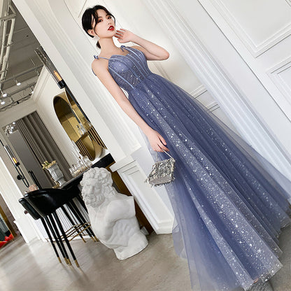 Blue tulle long prom dress, blue evening dress  8139