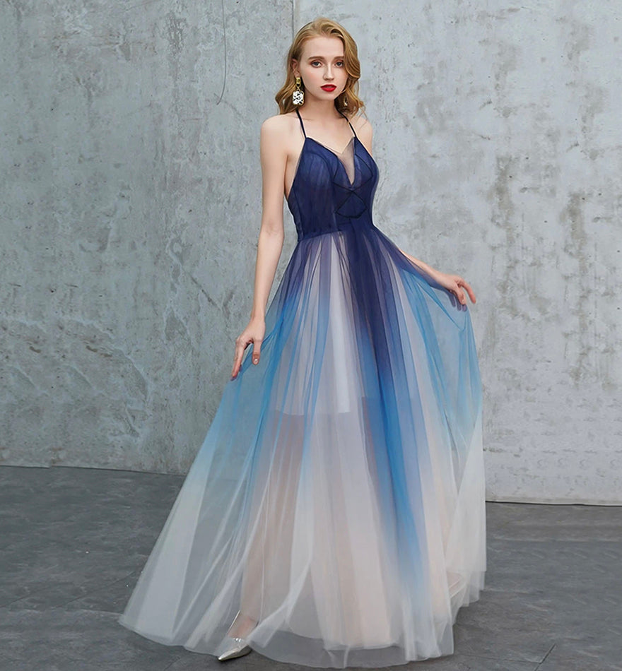 Blue v neck tulle long prom dress blue evening dress  8443