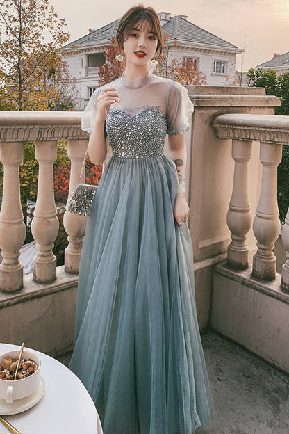 Blue tulle beads long A line prom dress evening dress  8789