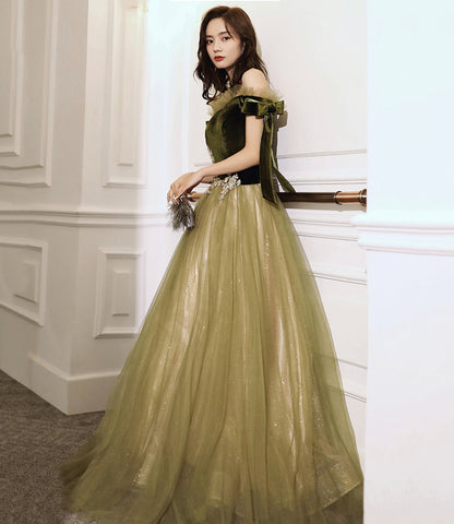 Green velvet tulle long A line prom dress evening dress  8828