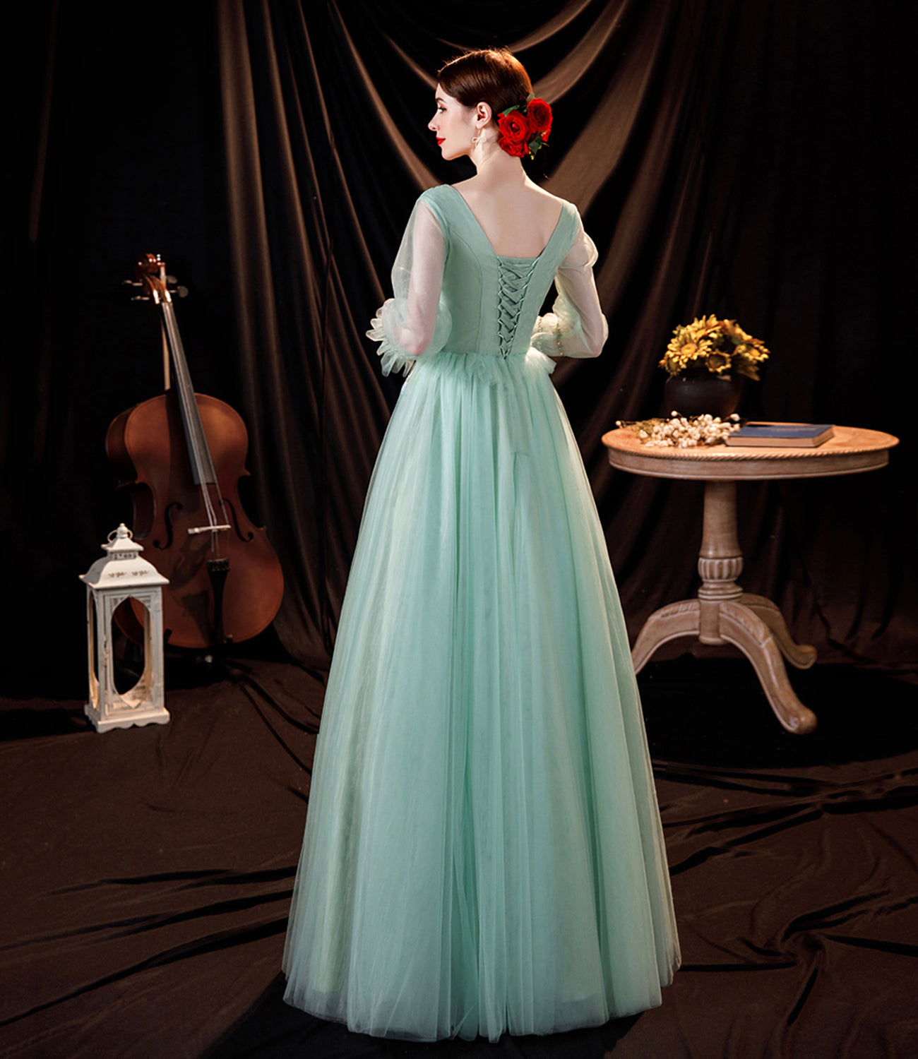 Green tulle lace long prom dress green evening dress  10535