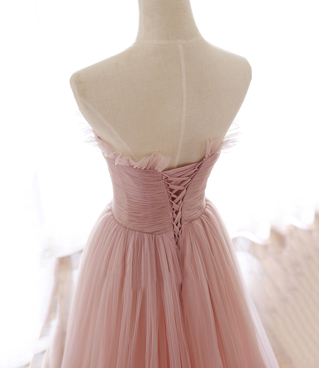 Pink tulle long prom dress pink evening dress  8584