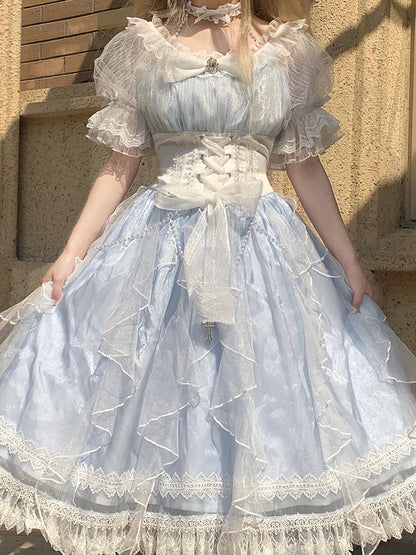 Sweet A line Blue Lace Tulle Short Sleeves 16th Birthday Dress Lolita Dresses Summer Birthday Outfits W1138