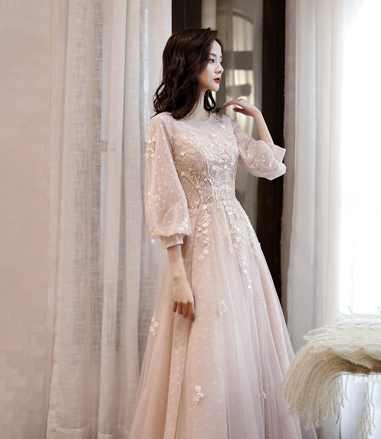 Pink Elegant Fashion A-line Lace Long sleeves Long Tulle Ball Gown Evening Gown Bridesmaid Dress  10468