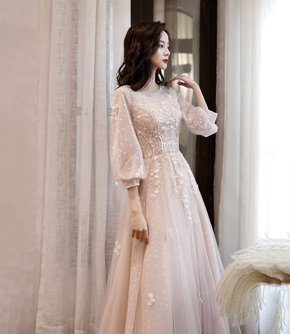 Pink Elegant Fashion A-line Lace Long sleeves Long Tulle Ball Gown Evening Gown Bridesmaid Dress  10468