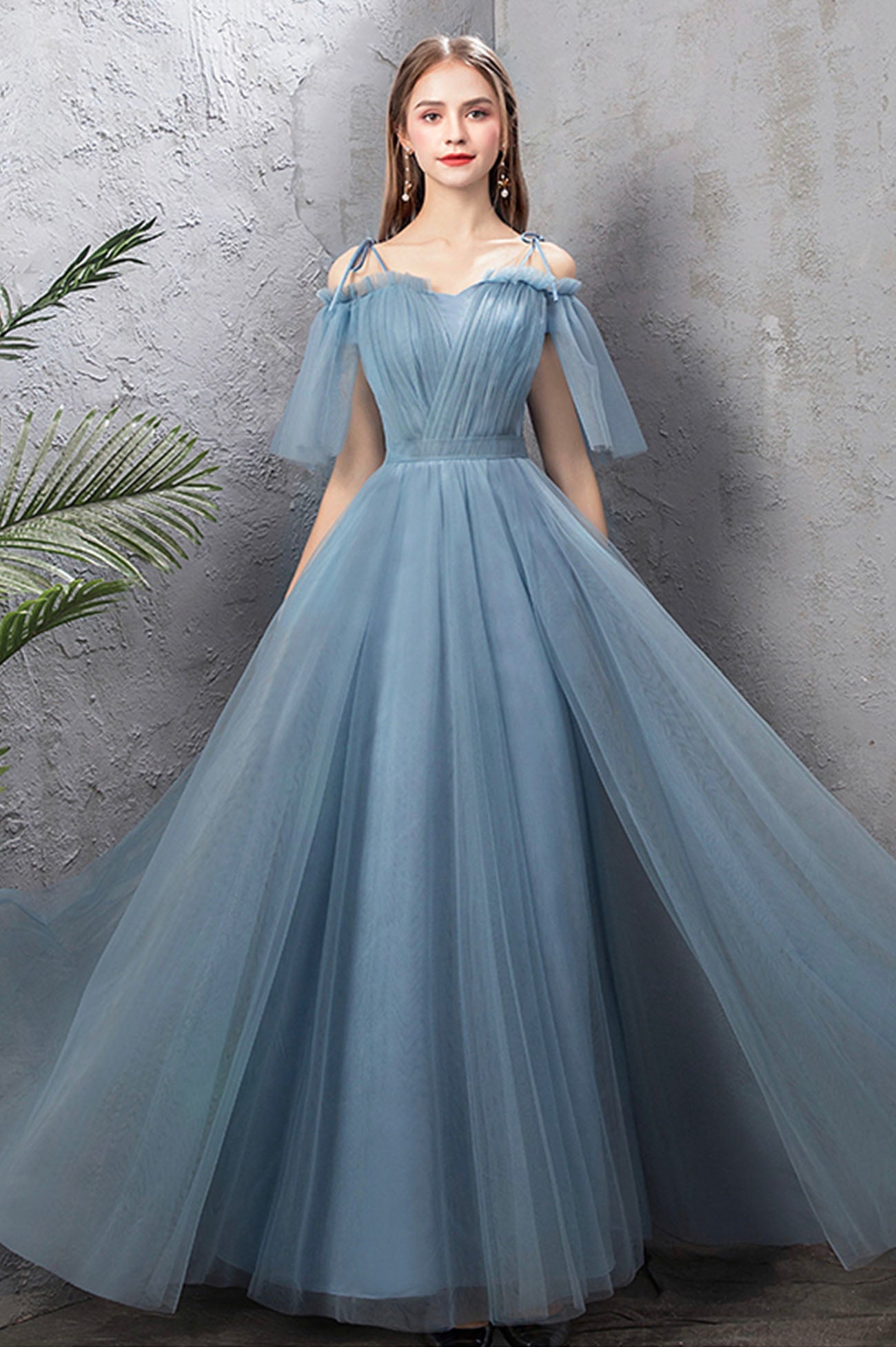 Blue tulle long A line prom dress blue evening dress  10588