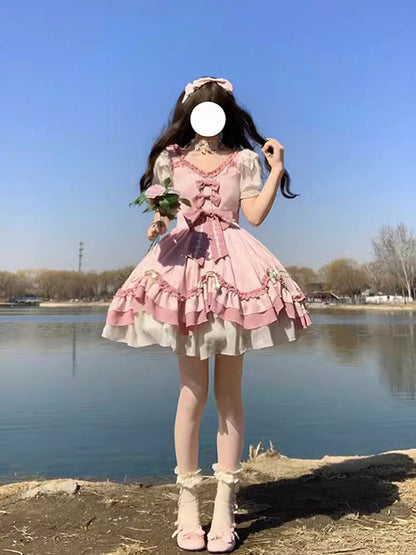 Sweet Ball Gown Lolita Outfits Short Sleeves Pink 16th Birthday Dress Lolita Summer Dress Birthday Outfits W1125