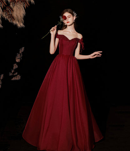 Burgundy satin long prom dress A line evening dress  10316