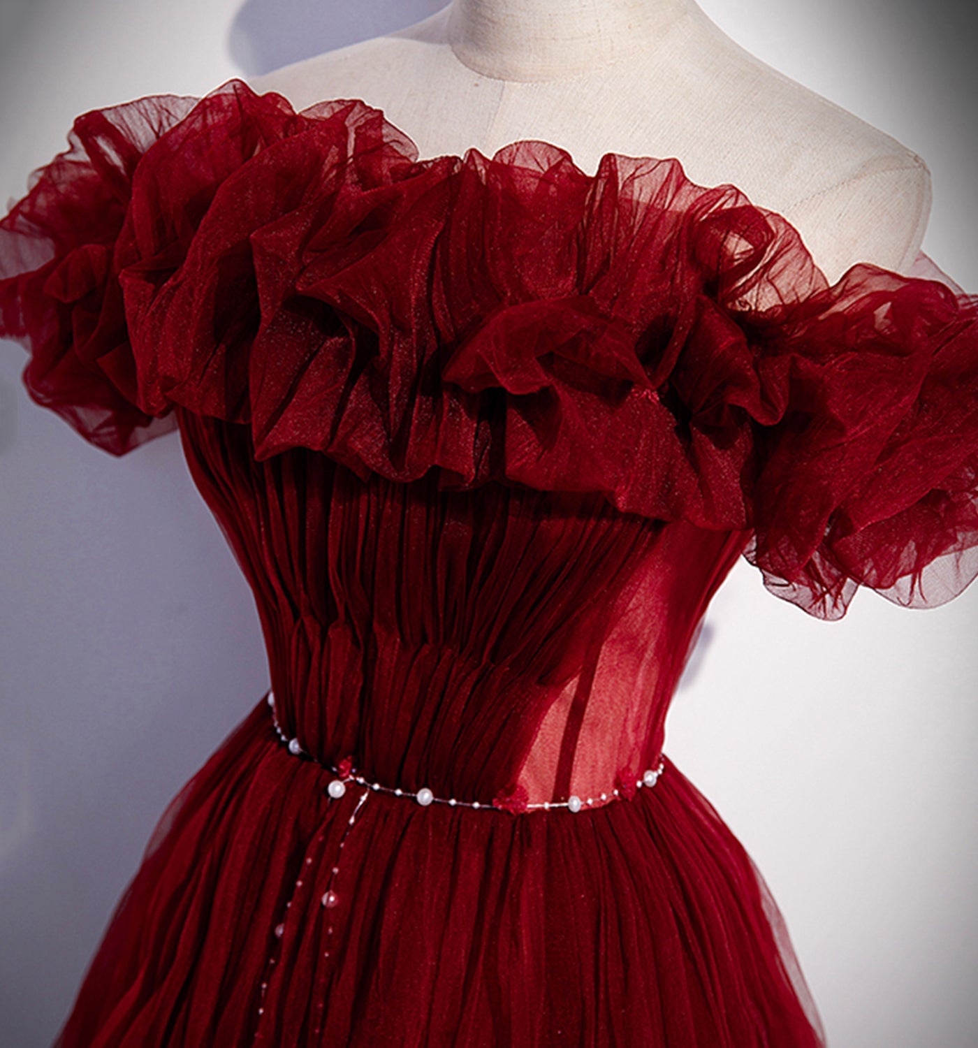 Burgundy tulle long prom dress A line evening gown  10006