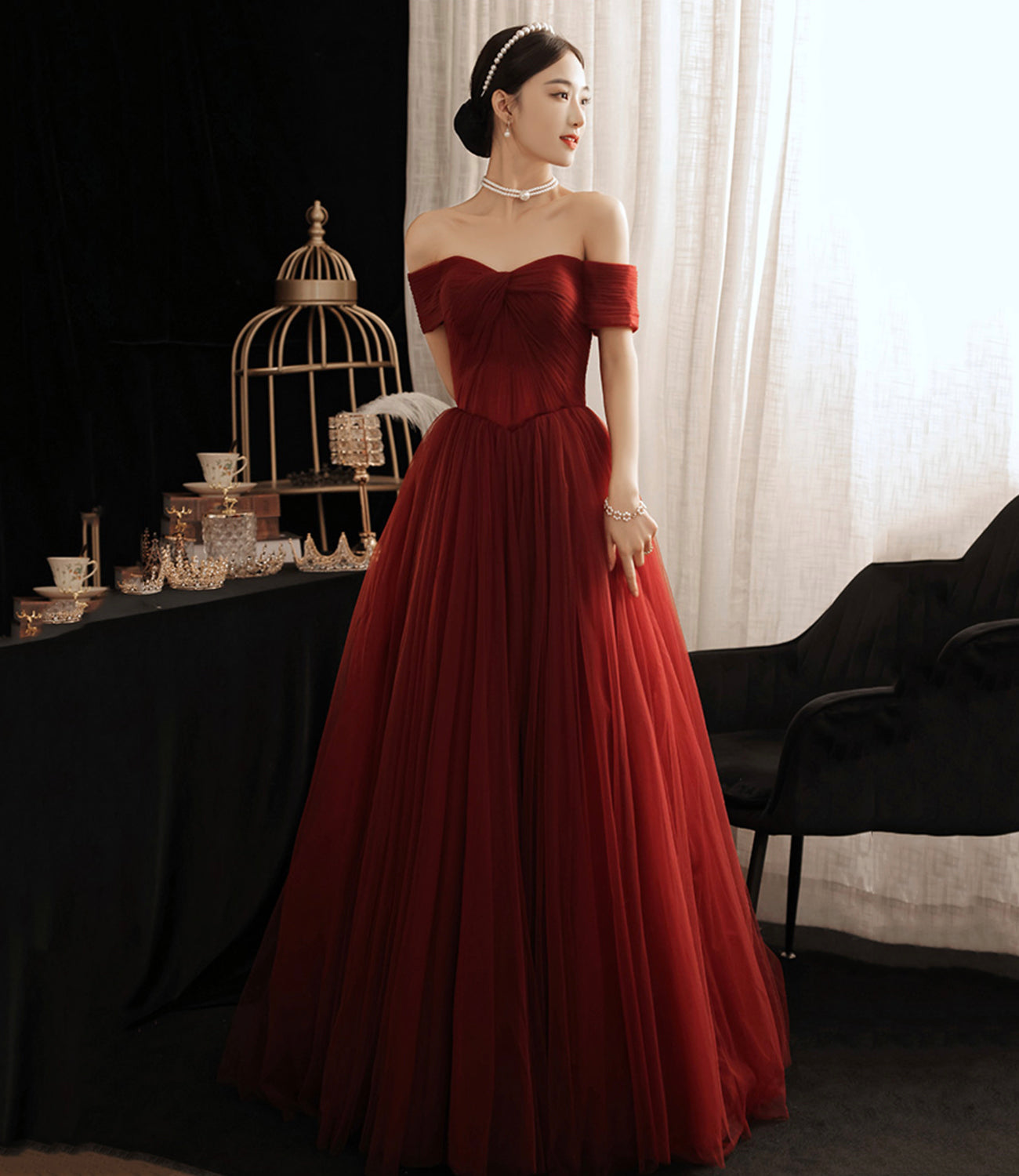 Burgundy tulle long A line prom dress evening dress  8874