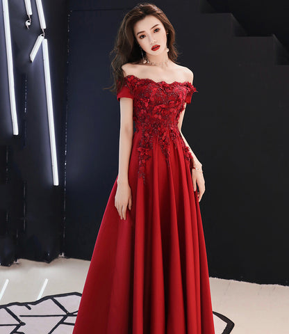 Burgundy satin lace long prom dress A line evening dress  10565