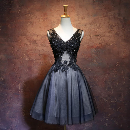 Black v neck tulle applique short prom dress, homecoming dress  7888