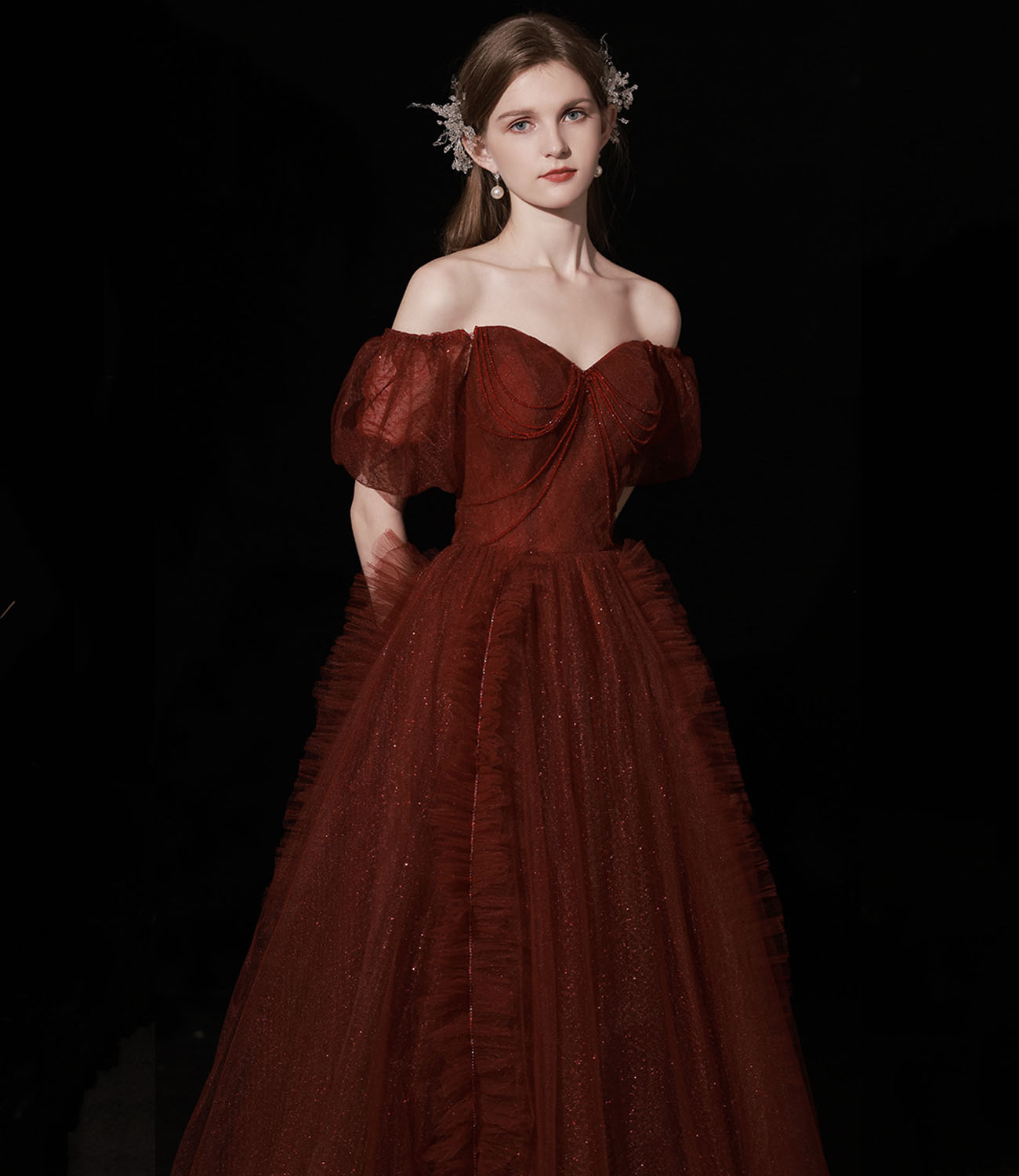 Burgundy tulle long prom dress A line evening gown  10439