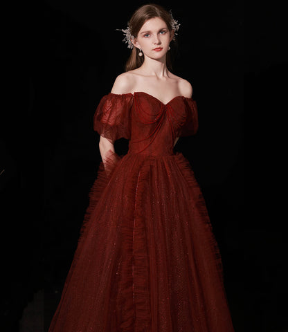 Burgundy tulle long prom dress A line evening gown  10439