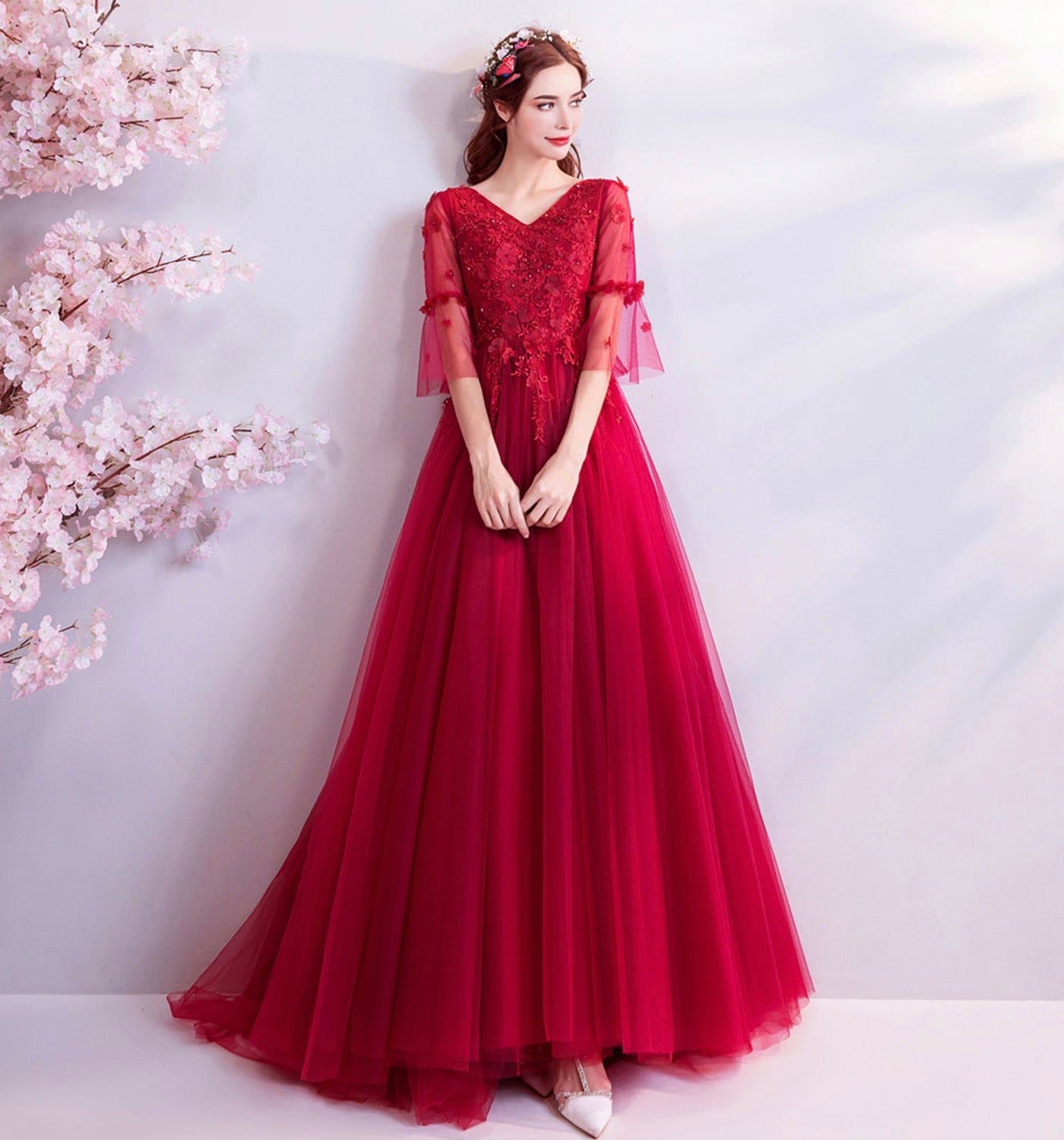 Red v neck lace long prom dress A line evening gown  8934