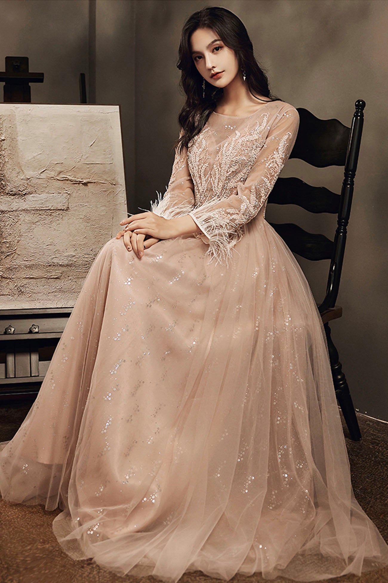 Stylish tulle lace long prom dress long sleeve evening dress  10176
