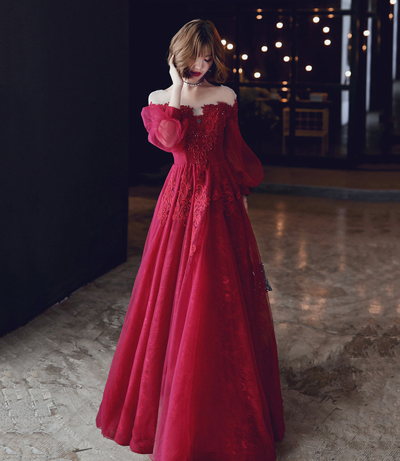 Burgundy lace long prom dress A line evening dress  10213