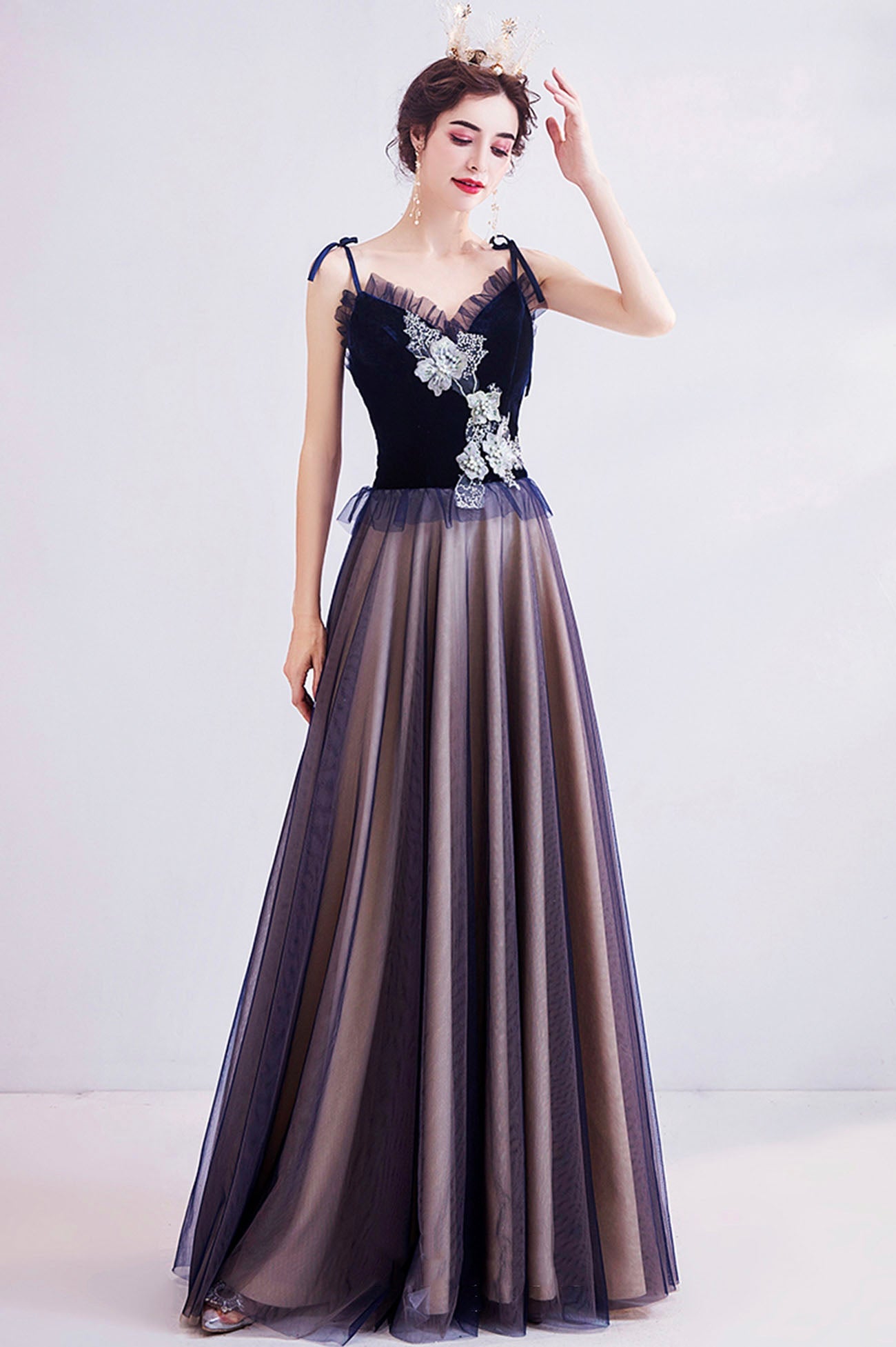 Blue tulle lace long prom dress blue evening dress  10617