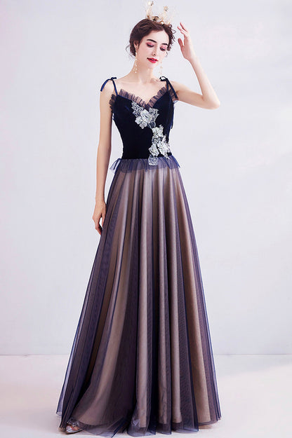 Blue tulle lace long prom dress blue evening dress  10617