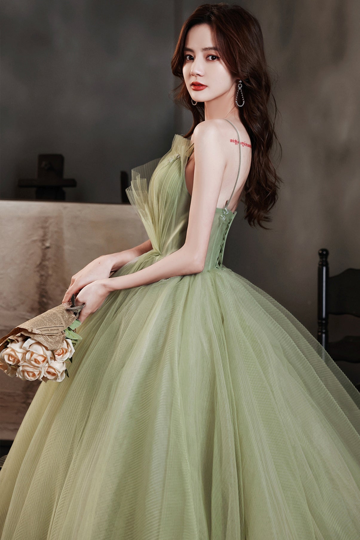 Green tulle long A line prom dress evening dress  8704