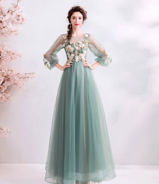 Green tulle lace long A line prom dress evening dress  8925