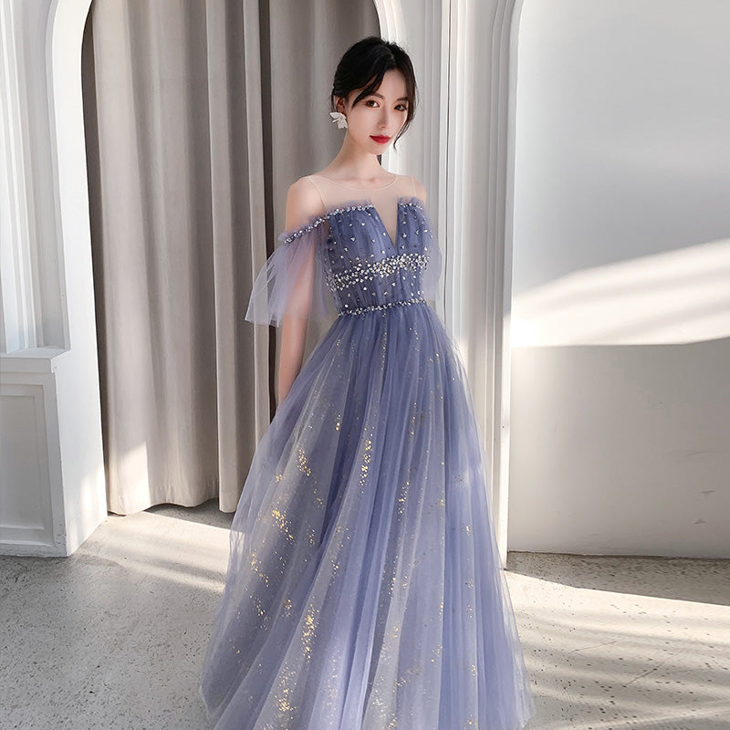 Stylish blue tulle long prom dress, blue evening dress  8098