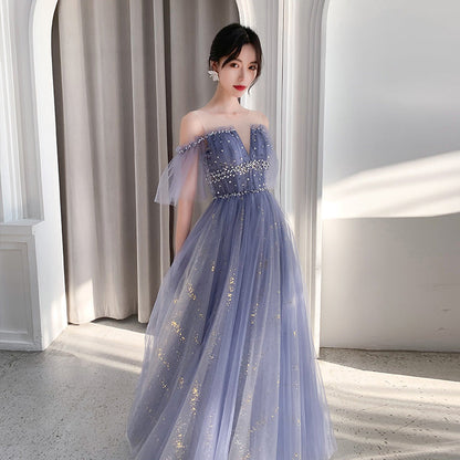 Stylish blue tulle long prom dress, blue evening dress  8098