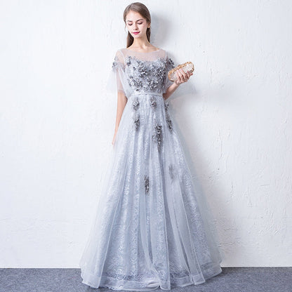 Gray round neck tulle lace long prom dress, evening dress  7942