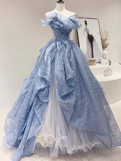 Blue Stylish Elegant Long Tulle Floor-Length Prom Dress Evening Dress Graduation Dress Adult Ceremony Dress gh3840