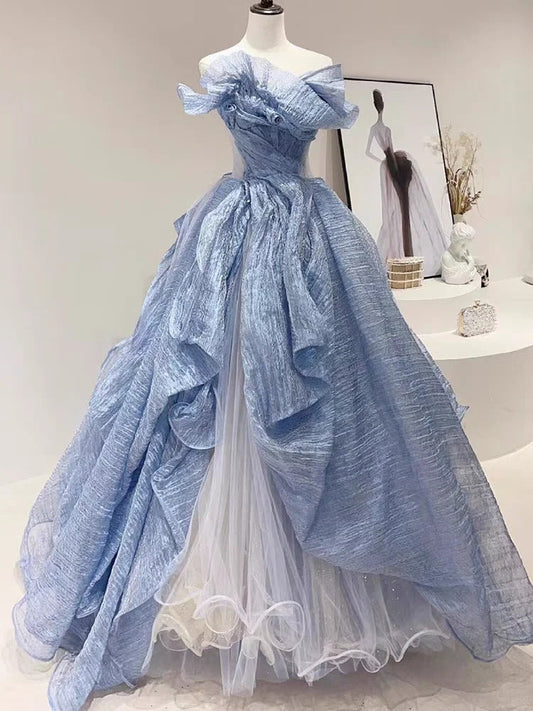 Blue Stylish Elegant Long Tulle Floor-Length Prom Dress Evening Dress Graduation Dress Adult Ceremony Dress gh3840