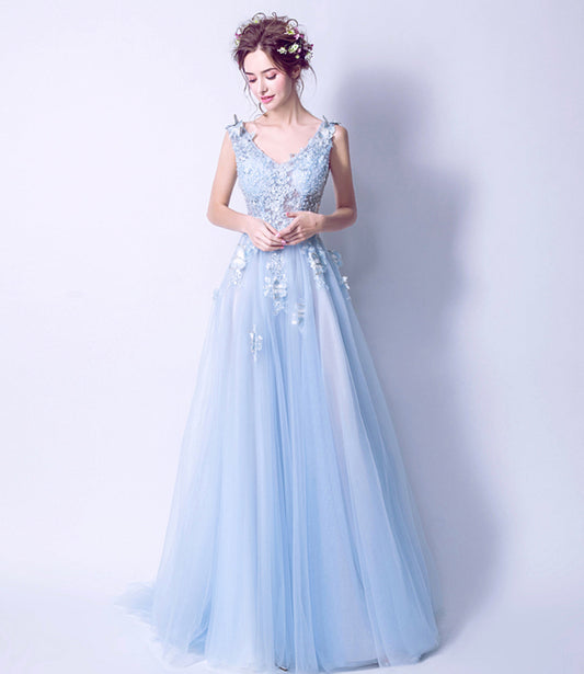 Blue tulle lace long A line prom dress blue evening dress  8753
