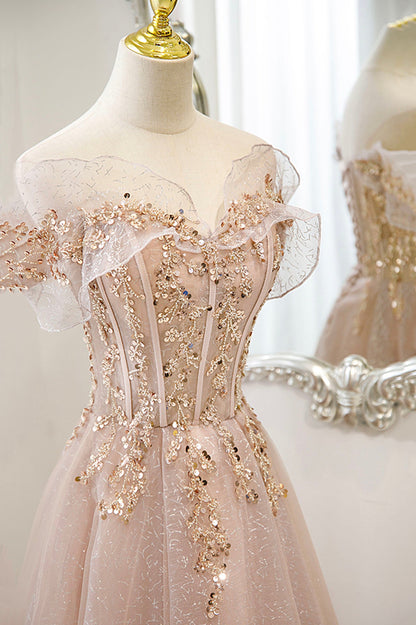 Pink tulle sequins long prom dress pink evening dress  10173