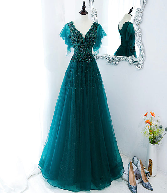Green tulle beads long prom dress evening gown  10272
