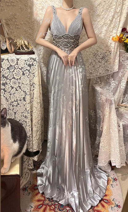 Grey beaded shiny elegant V-neck long satin ball gown evening gown gh4504