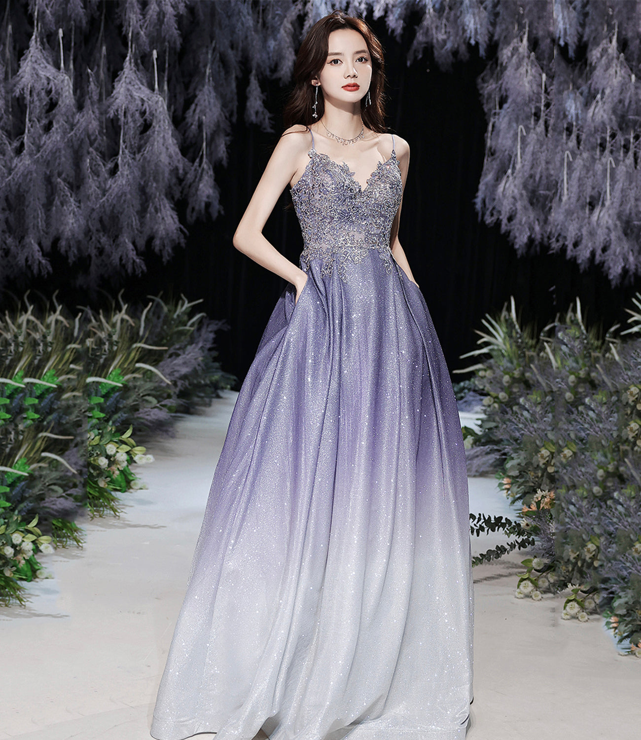 Stylish v neck lace long prom dress evening dress  8567