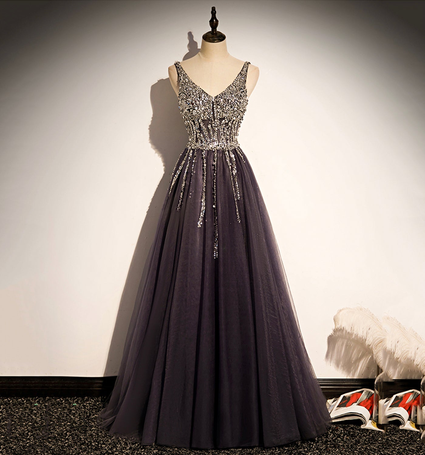 Stylish v neck tulle long prom dress A line evening dress  8640