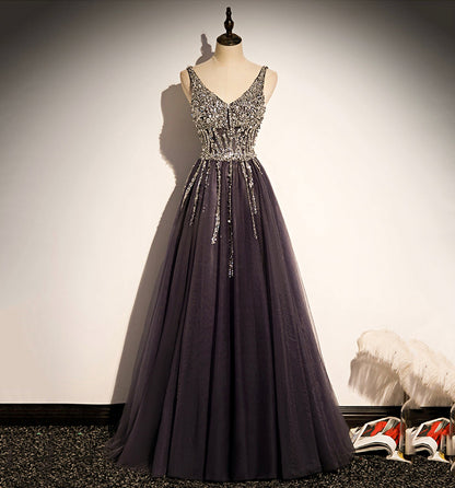 Stylish v neck tulle long prom dress A line evening dress  8640