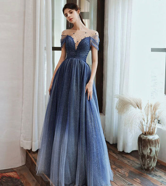 Blue tulle beads long prom dress evening dress  8434