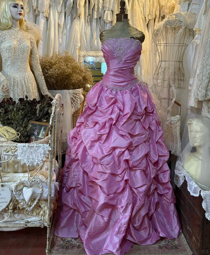 preppydressess-Pink Applique Vintage Elegant Long Satin Ball Gown Evening Dress Party Dress gh5046