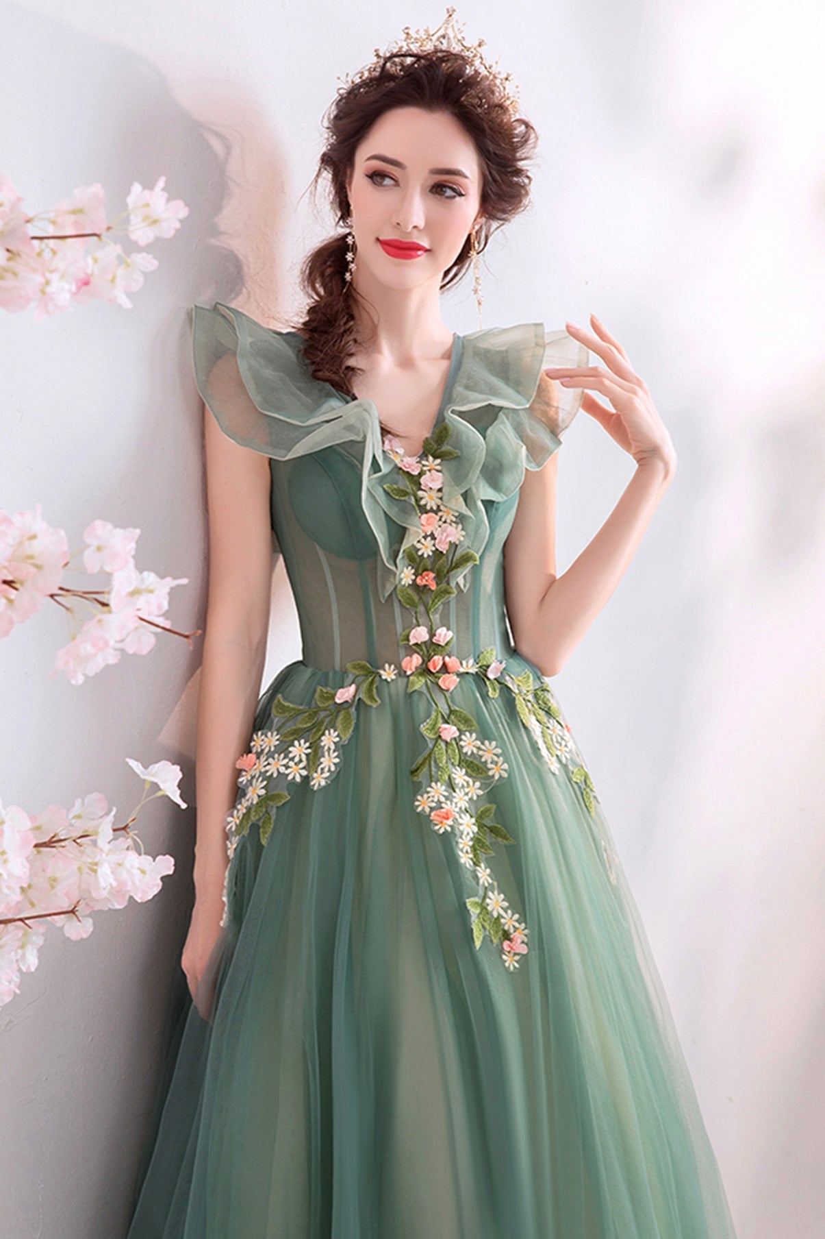 Green tulle long A line prom dress evening dress  8709